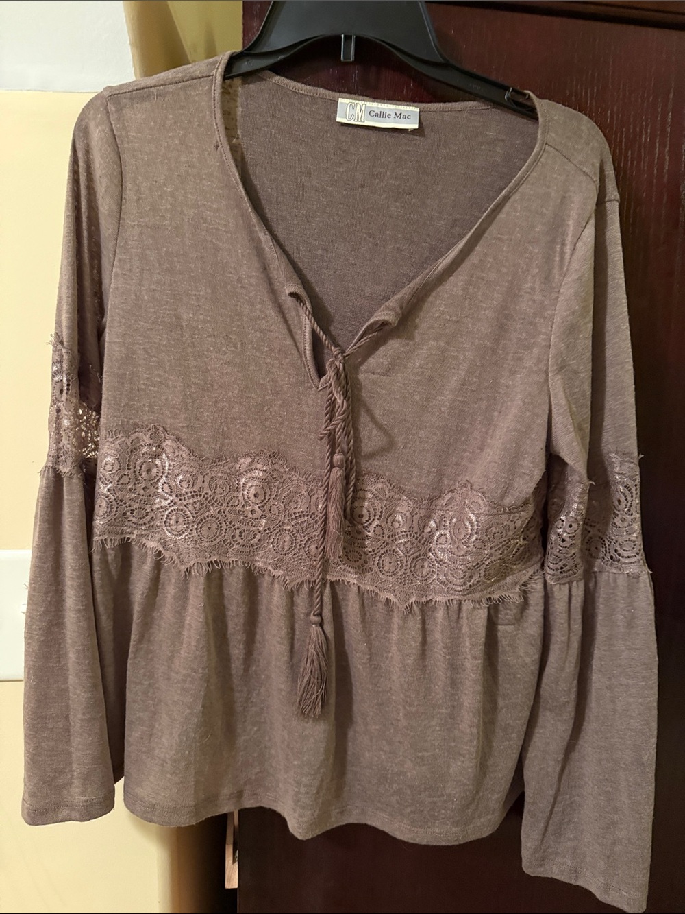 Callie Mac Taupe Lace-Trim Peasant Tunic